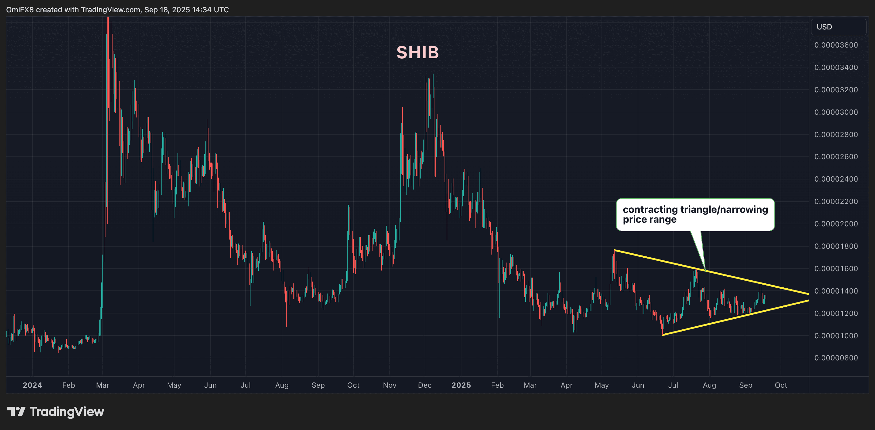 SHIB's daily price chart in candlestick format. (TradingView/CoinDesk)