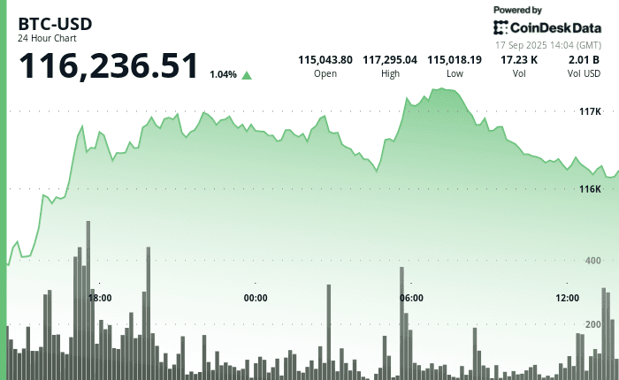 Bitcoin (BTC) 24-hour price chart, Sept. 17, 2025 (CoinDesk)