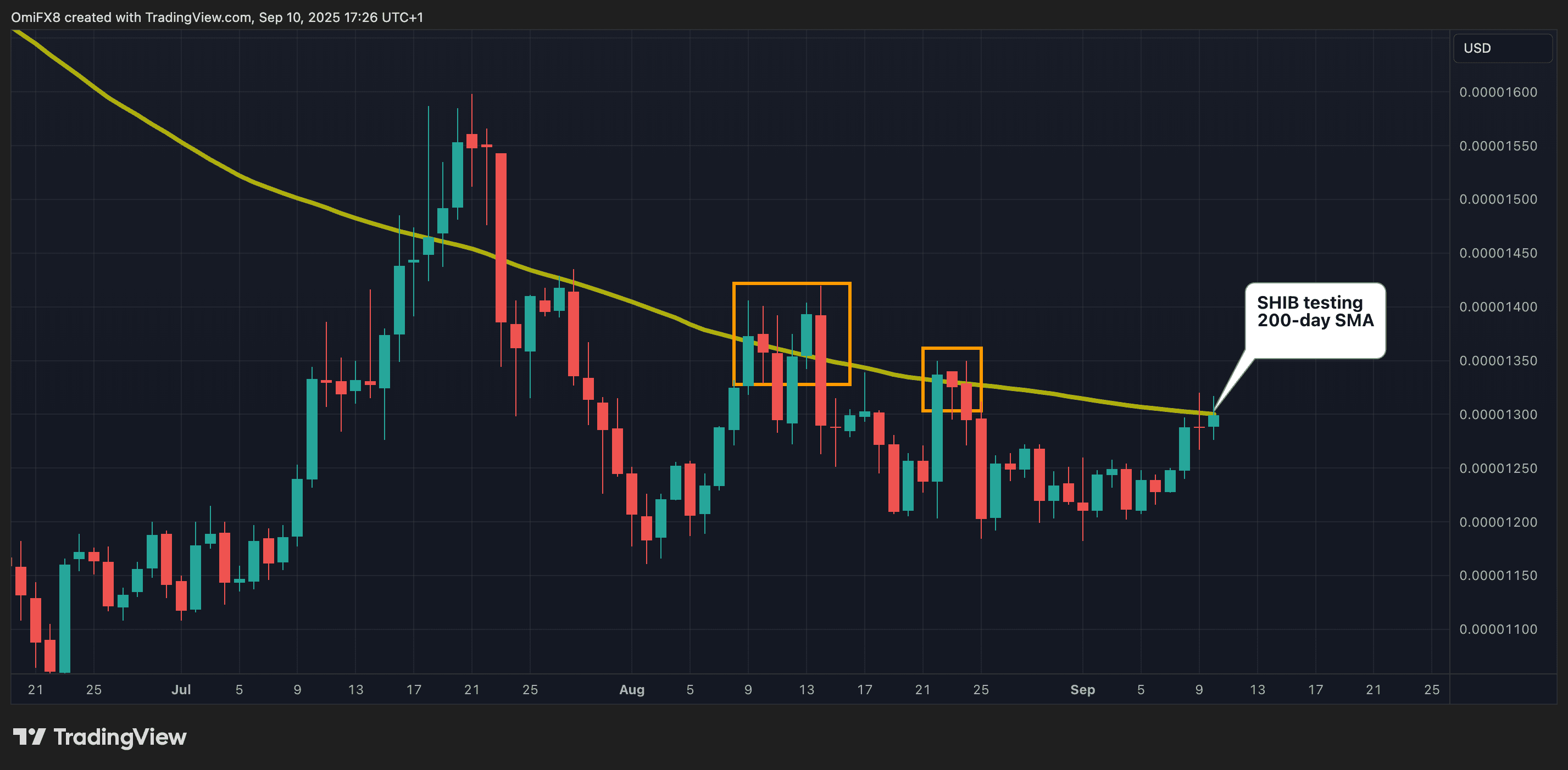 SHIB's daily chart with the 200-day SMA. (TradingView/CoinDesk)