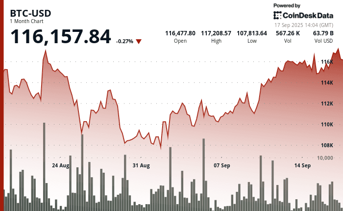 Bitcoin (BTC) one-month price chart, Sept. 17, 2025