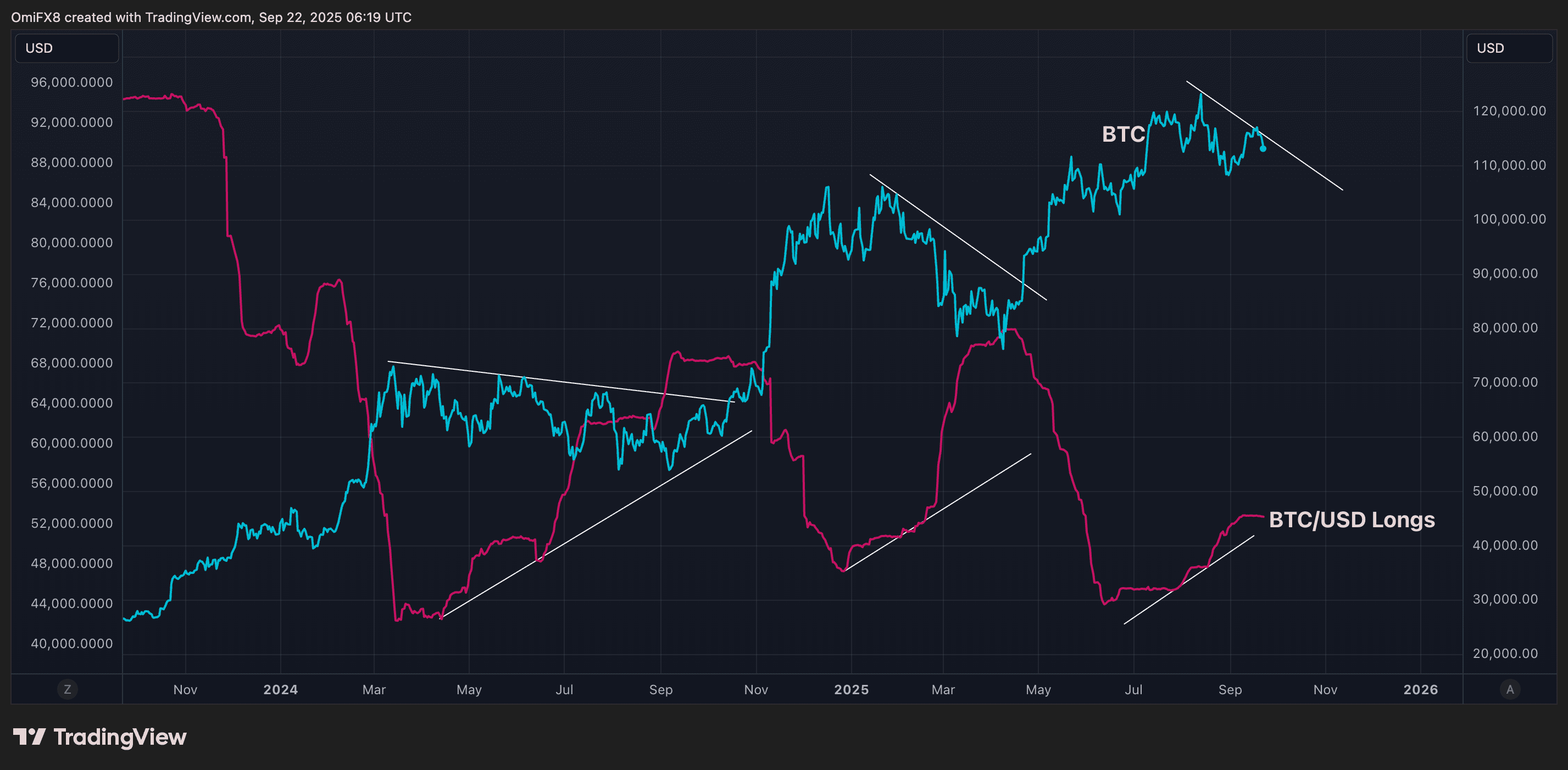 Daily cmparison of BTC/USD longs on Bitfinex and BTC's spot price. (TradingView/CoinDesk)